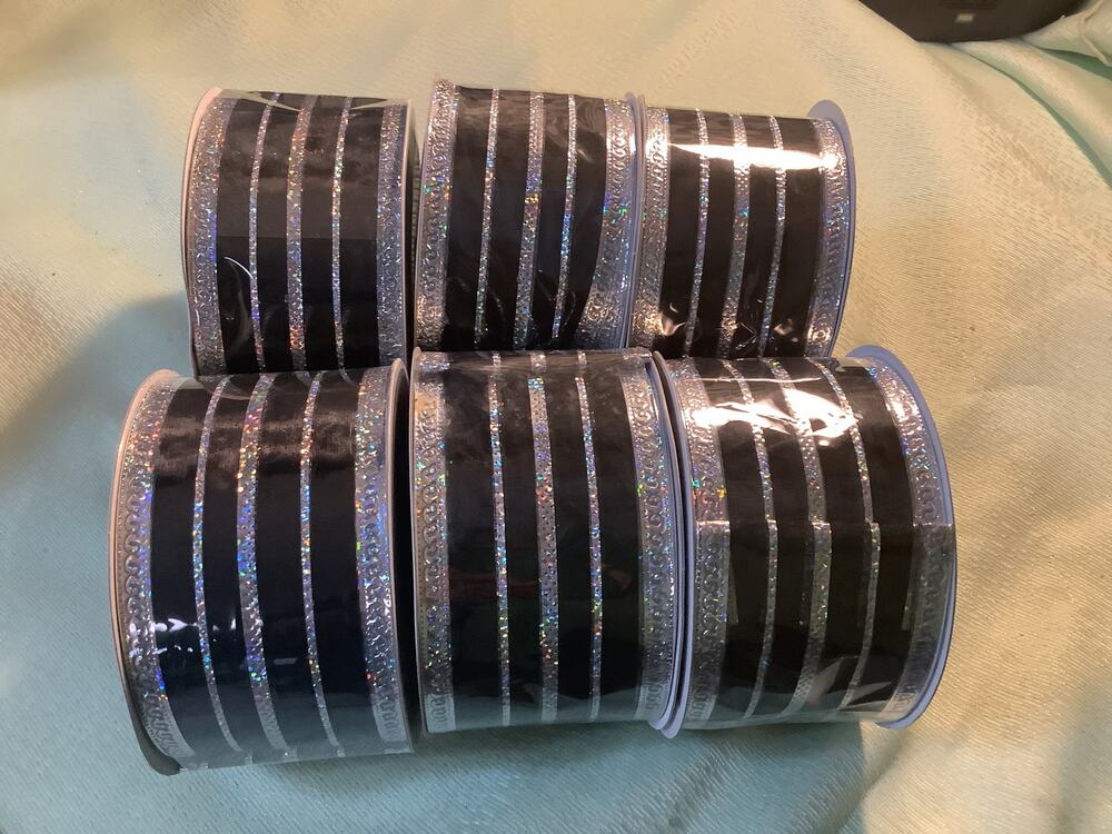 Christmas Ribbon Wire Black Silver 5 New Rolls